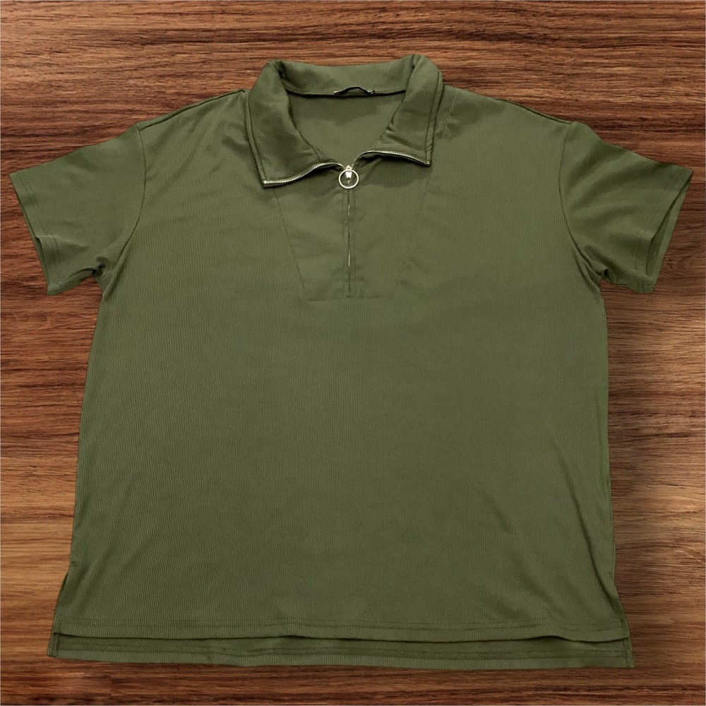 MCKOL Olive Green Ribbed Quarter Zip Polo Shirt Women's XXL